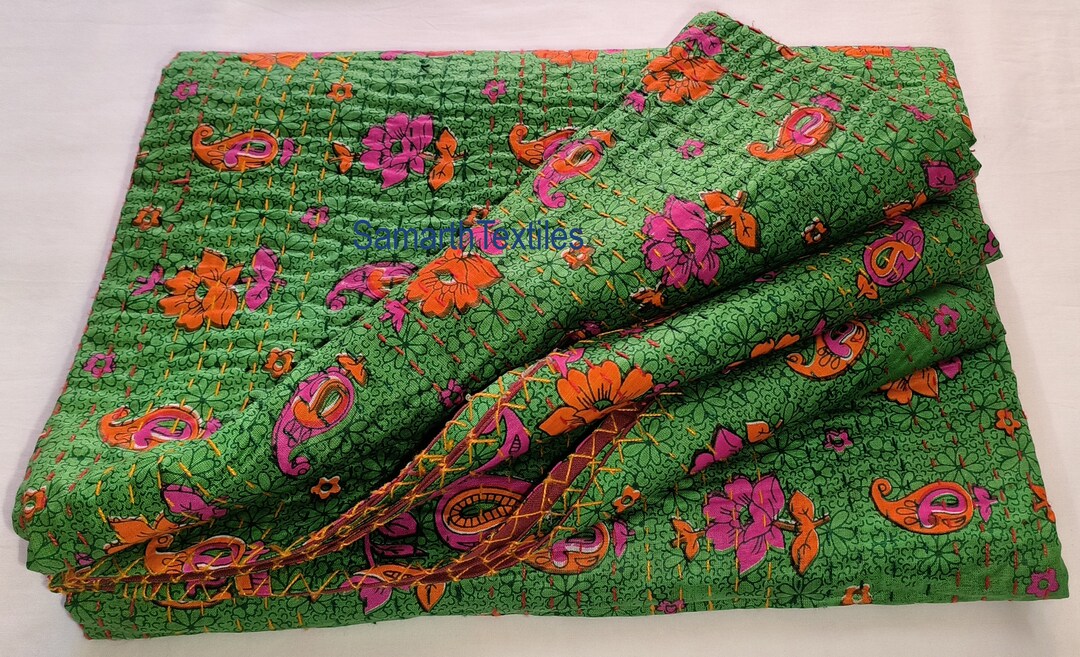 Kantha Quilt Cotton Silk Patola Green Floral Quilt 60x90 Inches Quilt