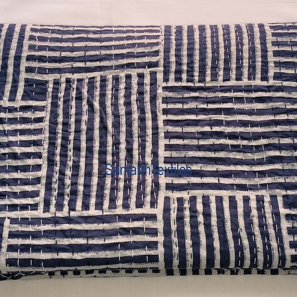 Indian Handmade Blue kantha Quilt Striped kantha Quilt throw Blue kantha  indigo block Print kantha quilt Indian Bedspread Quilt