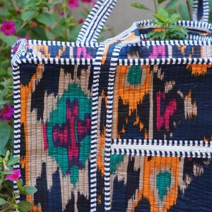 Ikat Print Cotton Tote Bag Eco Friendly Sustainable Sturdy Grocery Shopping Tote Bag Handmade Boho Bag Quilted Tote Bag Market Bag