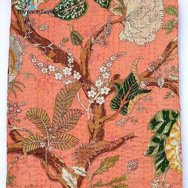 Handgemachte Kantha Quilt Baum Print floral Kantha Indian Netural Color Indisch inspirierte Bettwäsche Hand genähte ländliche kantha quitd Tagesdecke