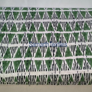Green Kantha Quilt Bedspread Block Print Cotton Kantha Queen Size Quilt Indian Kantha Bed Cover Kantha Quilt Bedding Throw