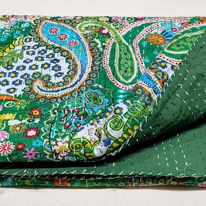 Indian Handmade Paisley Floral Print Queen Pure kantha quilt cotton Kantha Throw Bedding Green Kantha Quilt