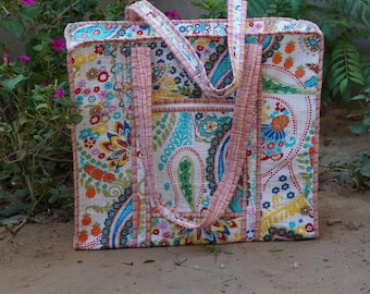 Handmade Quilted Cotton Tote Bag Paisley Print Travel Shoulder Bag