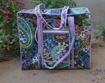 Handmade Quilted Cotton Tote Bag Paisley Print Travel Shoulder Bag