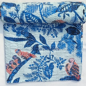 Indian Kantha Quilt Blue Floral Handmade Bedspread King Kantha Cotton Kantha Quilt Bedding Bedspread Gudari