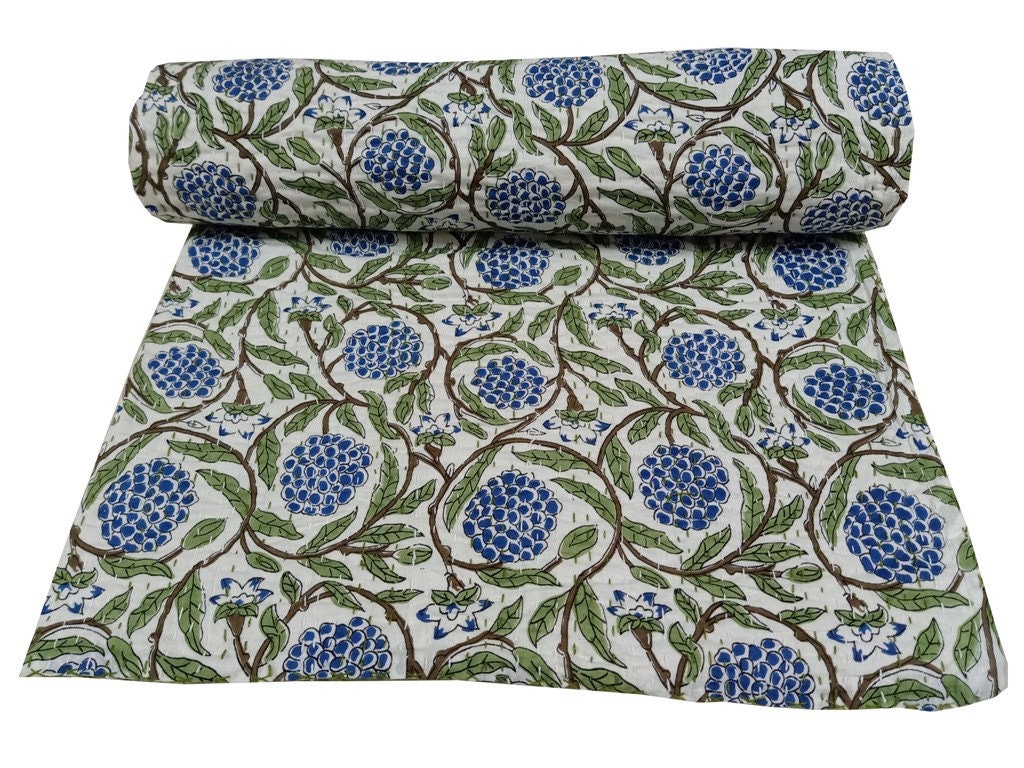 Blue Green Kantha Queen Quilt Light Weight Bedspread Kantha Etsy
