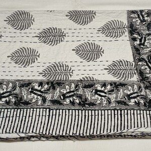 Indian Handmade Kantha Quilt Block Print King Size Bed Cover Kantha Throw Ethnic Quilt New Bedding Bed Spread Gray Leaf Print design Quilt