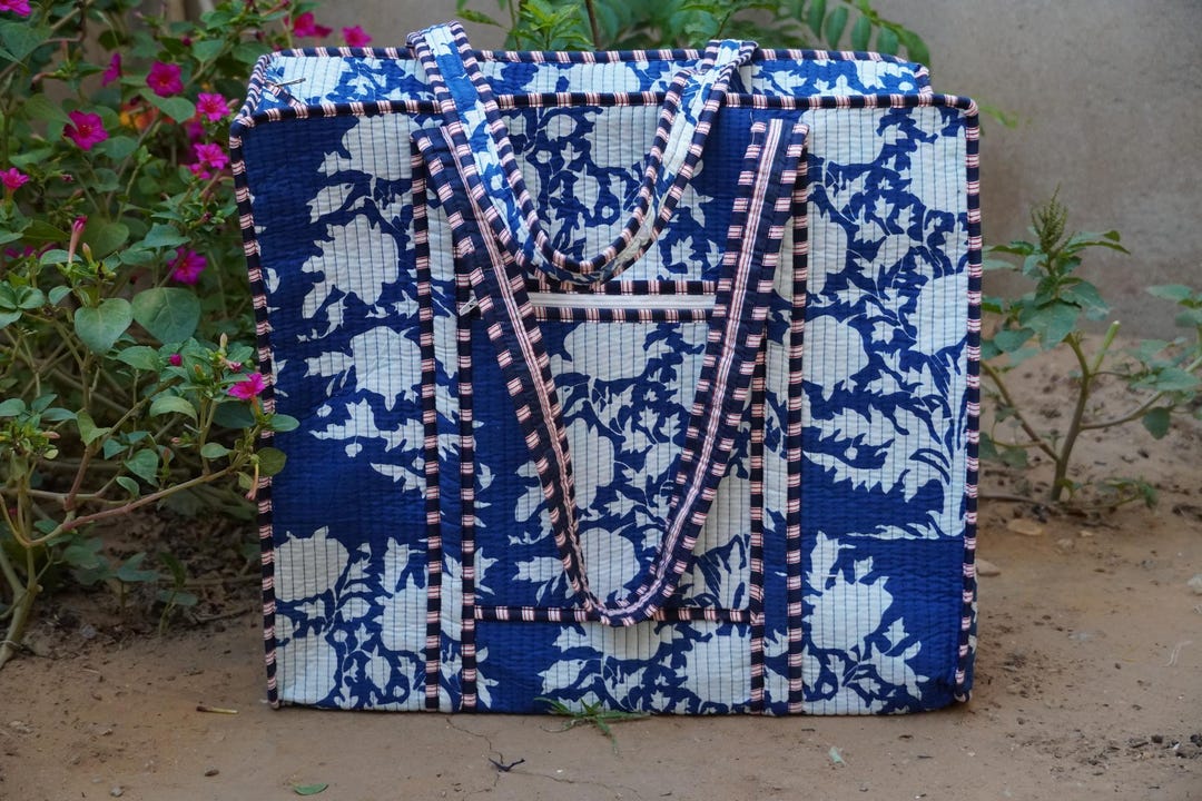 Blue Floral Print Cotton Tote Bag: Handmade Quilted Market Bag - Etsy