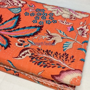 Handgemaakte Kantha Quilt Kingsize Kantha Gooi Kantha Sprei Inidan Kantha Deken Katoen Quilt Bloemenprint Kantha Bedovertrek Oranje Quilt