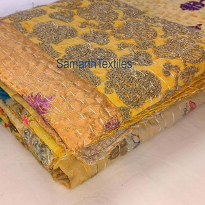 Indian Beautiful  Embroidery kantha quilt Handmade kantha quilt Reversible cotton Bedding Bedspread Kantha Yellow Gudari Gift For Sister