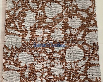 Brown Floral Kantha Quilt Handmade Cotton Bedspread Reversible Throw King Size Blanket