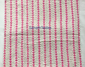 Pink Floral Kantha Quilt: Indian Cotton Twin Blanket (60x90 Inches)