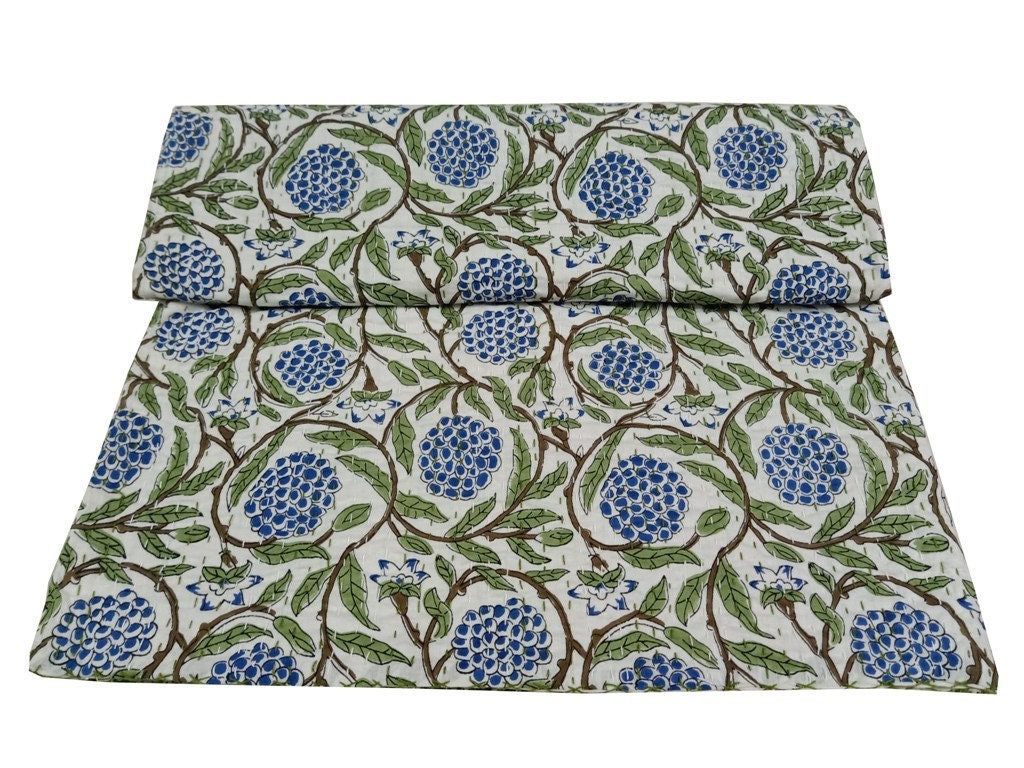 Blue Green Kantha Queen Quilt Light Weight Bedspread Kantha Etsy