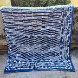 Hand Block Print Indigo Kantha Quilt: Twin Cotton Bedspread
