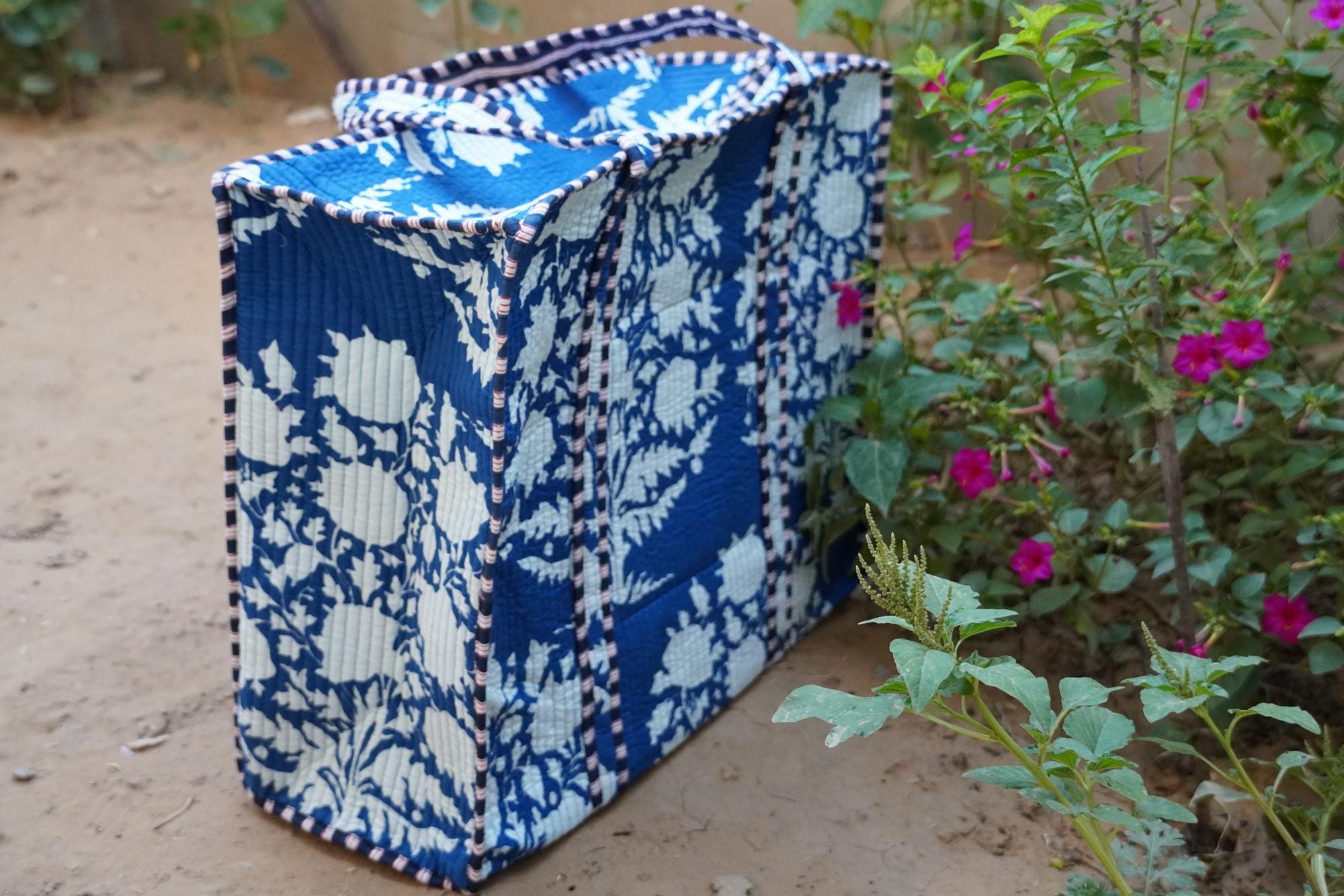 Blue Floral Print Cotton Tote Bag: Handmade Quilted Market Bag - Etsy