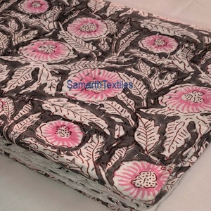 New Indian Handmade Block Print Cotton Blanket Pink Floral Kantha Quilt Grey Bohemian Reversible Throw, Boho Bedding, Soft Lightweight Quilt