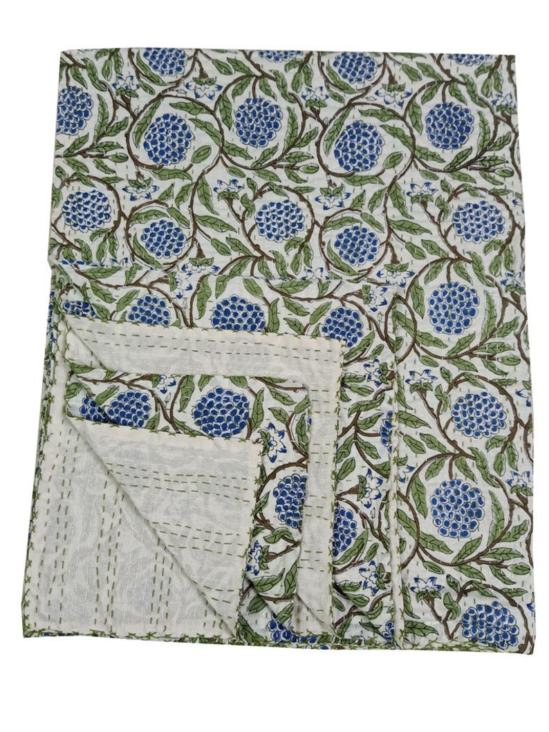 Blue Green Kantha Queen Quilt Light Weight Bedspread Kantha Etsy