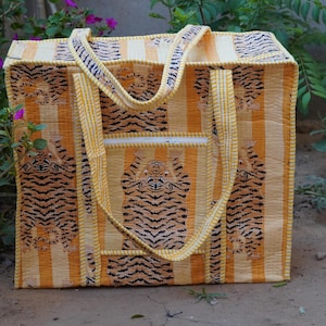 Yellow Tiger Printed Cotton Tote Bag Eco Friendly Sustainable Sturdy Grocery Shopping Tote Bag Handmade Boho Bag Quilted Tote Bag Market Bag