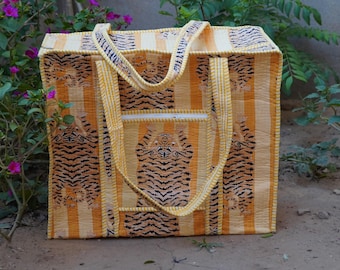 Yellow Tiger Print Cotton Tote Bag: Handmade Quilted Market Bag