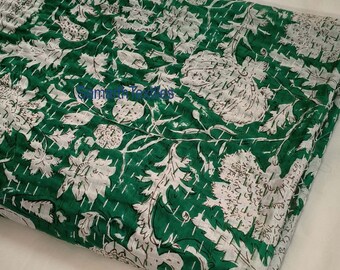Green Floral Kantha Quilt Queen Size Cotton Bedspread Handmade Indian Quilt Throw