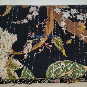 Indian Handmade Black Color Floral Print King Queen Twin Pillow Cover Kantha Quilt Throw Blanket Bedspread Hand Multi Print Kantha Quilt