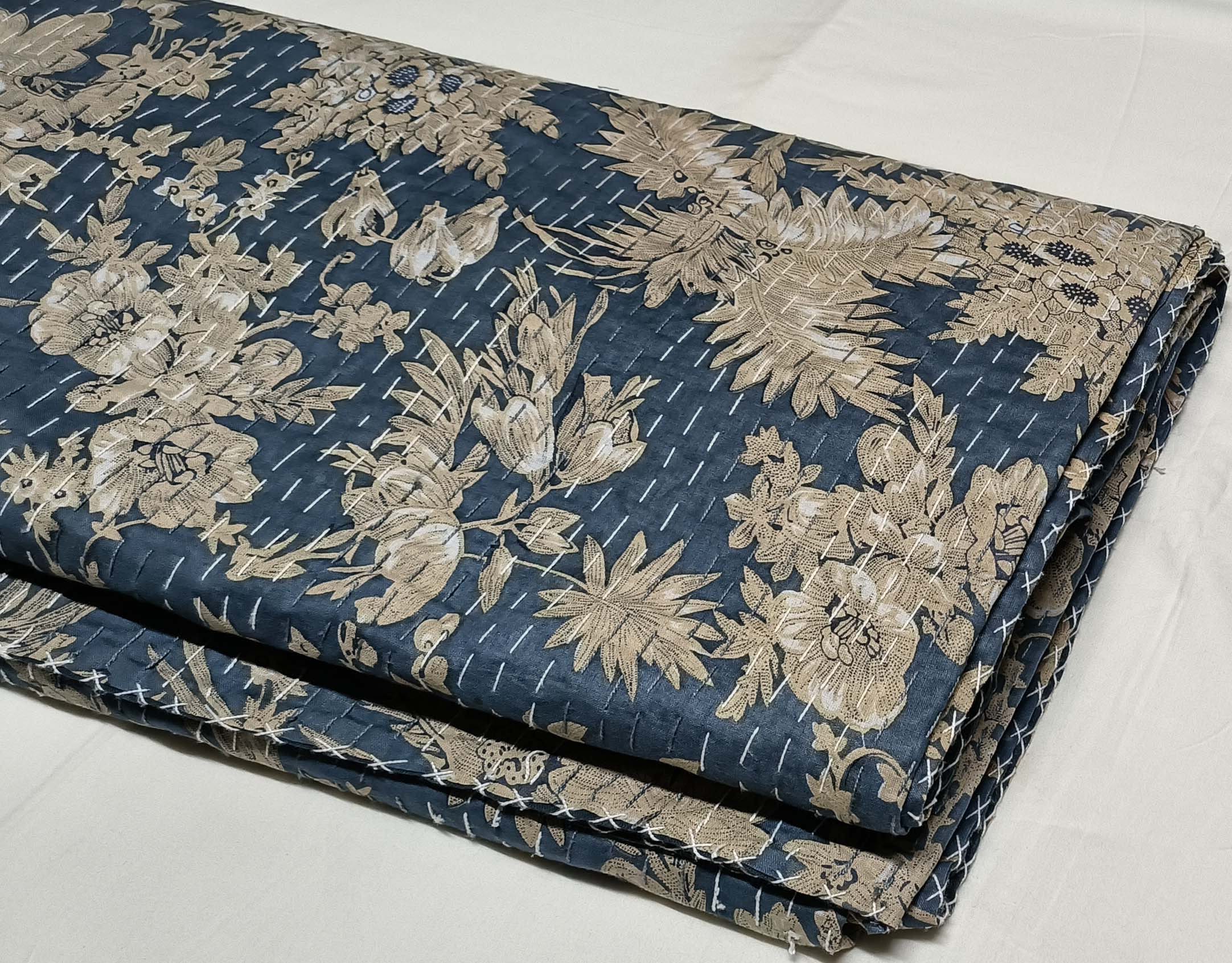 Beautiful Floral Print Kantha Quilt Indian Hand Block Print Kantha