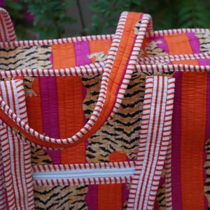 Pink and Orange Cotton Tote Bag Eco Friendly Sustainable Sturdy Grocery Shopping Tote Bag Handmade Boho Bag Quilted Tote Bag Market Bag