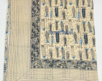 Indigo Fish Kantha Quilt Hand-Stitched Indian Throw Blanket (King Size)