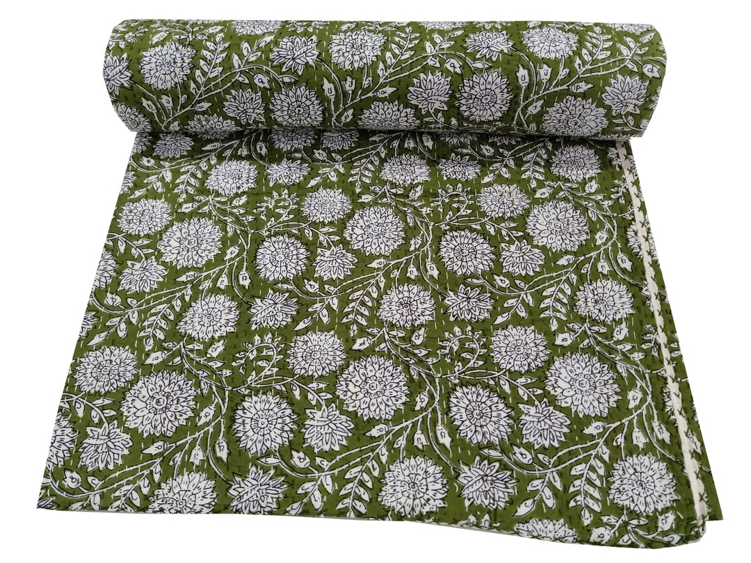 Green Queen Quilt Light Green Queen Size Kantha Cotton Quilt Kantha