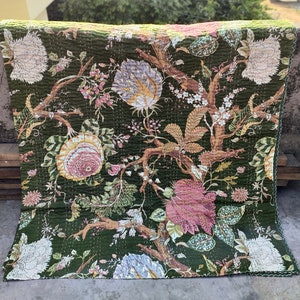 Couette indienne faite main à imprimé floral vert, couette kantha pure, couette verte, jetée de literie, couvre-lit kantha
