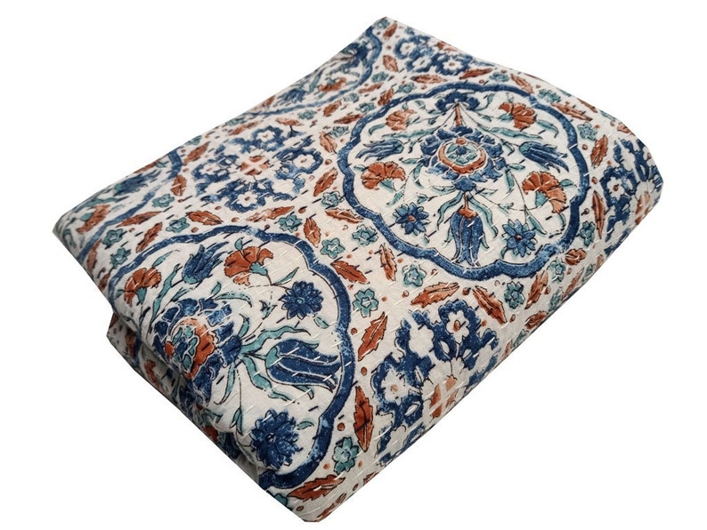Indian Queen Block Print Kantha Quilt Cotton Bedspread Quilts Etsy