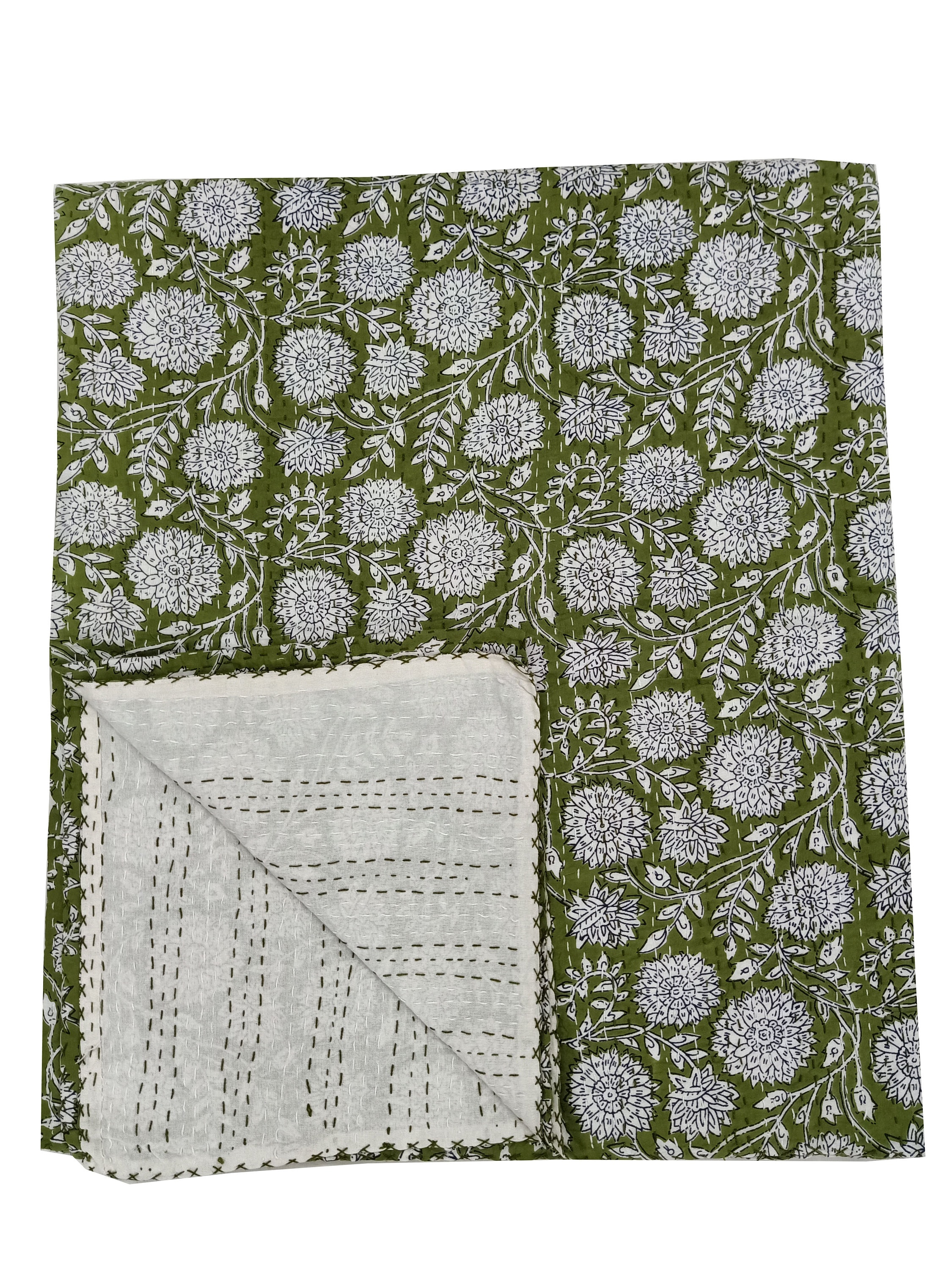 Green Queen Quilt Light Green Queen Size Kantha Cotton Quilt Etsy
