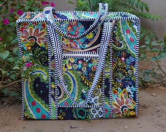 Handmade Quilted Cotton Tote Bag: Paisley Print Travel Shoulder Bag