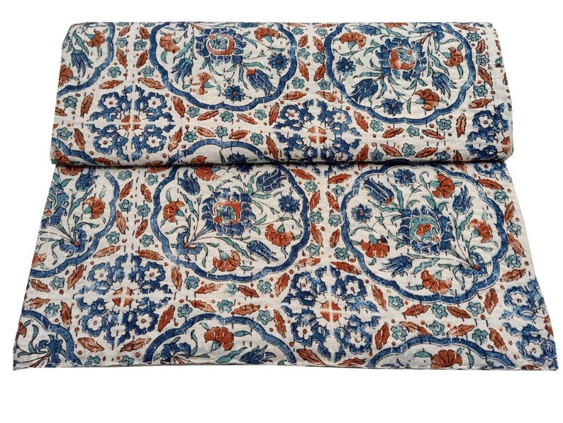 Indian Queen Block Print Kantha Quilt Cotton Bedspread Quilts Etsy