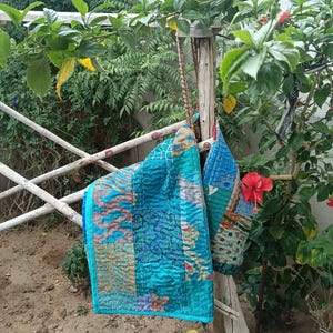 Handmade Turquiose Patchwork Kantha Quilt: Hand stitched Boho Bedding