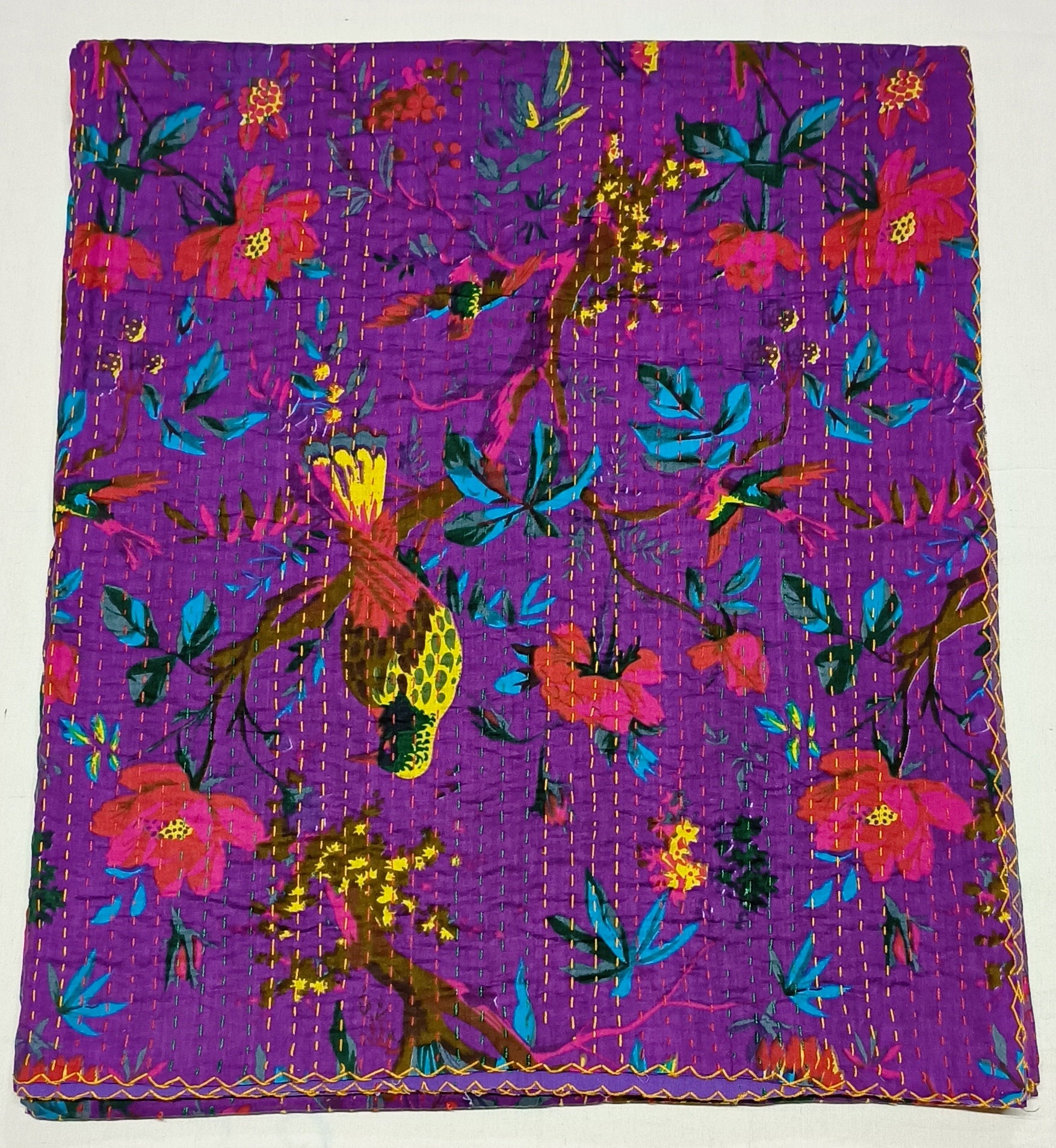 NAMOCREATION Frida Kahlo Print Kantha Quilt - Handmade Cotton Reversible Throw Blanket, Bedspread, Sofa Cover - View #10