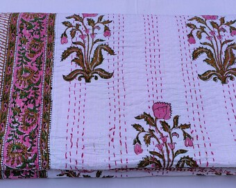 Pink Hand Block Print Kantha Quilt Queen Size Cotton Bedspread Boho Indian Throw Blanket
