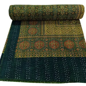 Green Ajrakh Kantha Quilt: Handmade Block Print King Size Bedding