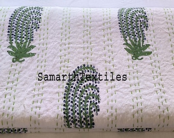 Handblock Print Kantha Quilt: Green Floral Cotton Bedspread