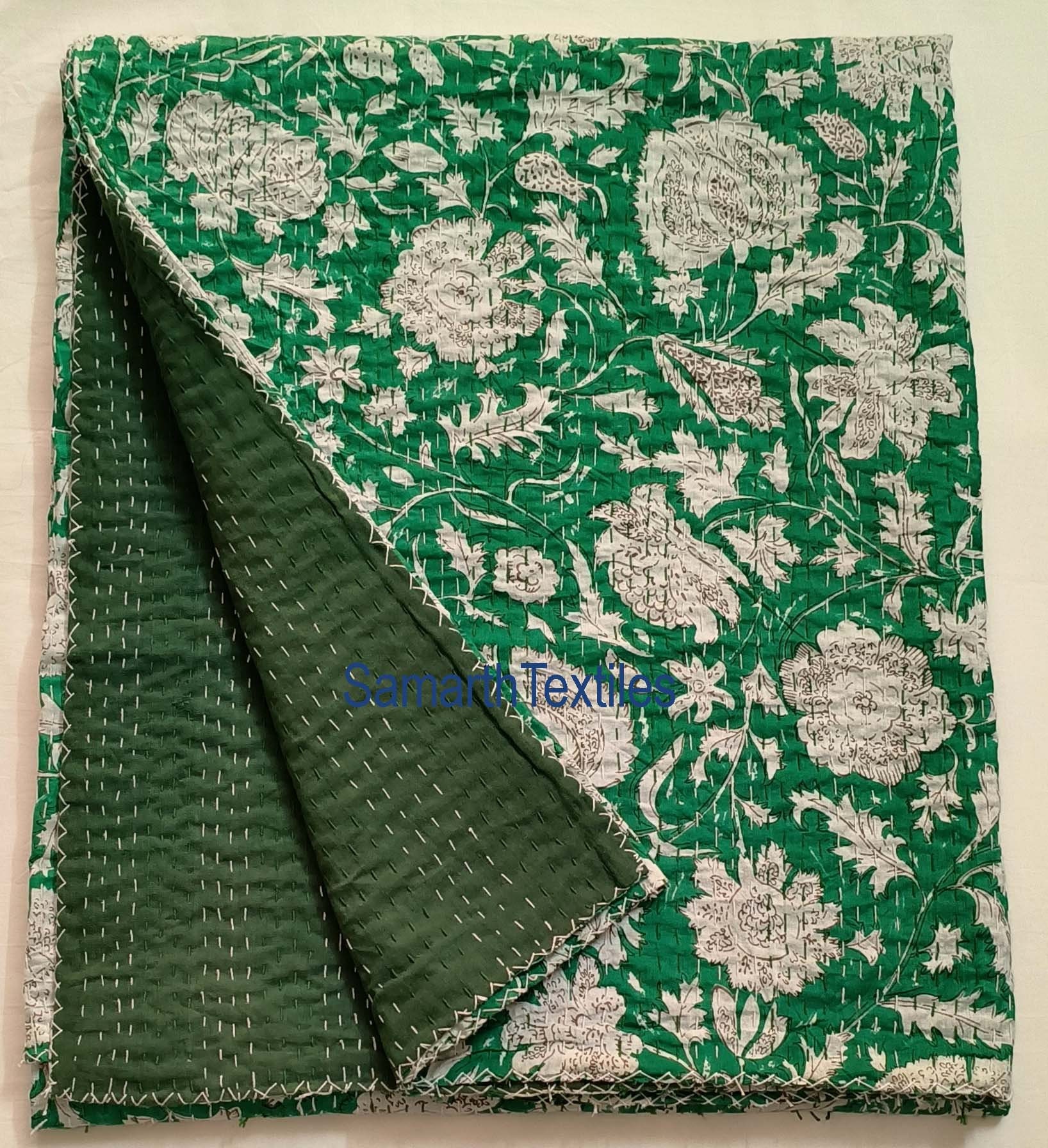 Kantha Quilt Green Floral Kantha Quilted Bedspread Throw Blanket Cotton