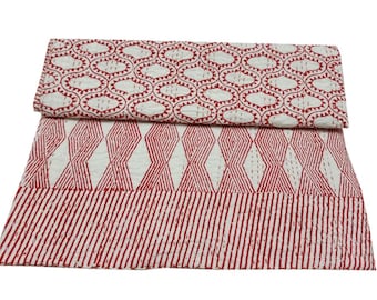 Hand Block Print Pink White Kantha Quilt Indian Cotton Floral Bedspread