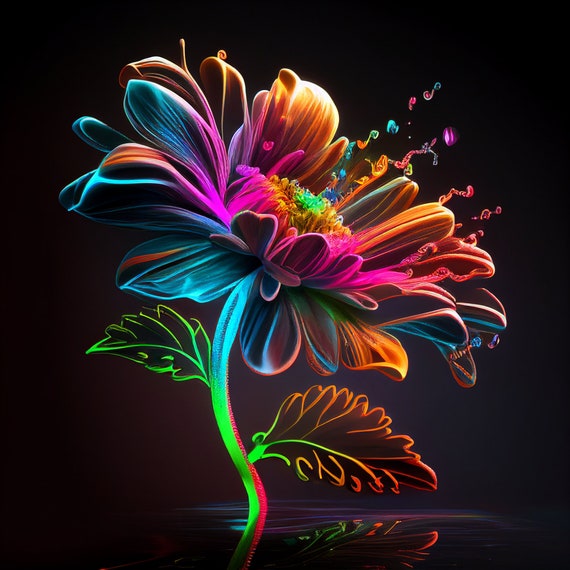 Flowers Neon Digital Art Print, AI Generated, Wall Art, AI