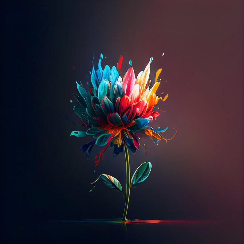 Flowers Neon Digital Art Print, AI Generated, Wall Art, AI Art, Digital