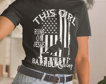 US flag Horse Barrel Racing This Girl runs on Jesus Rodeo Unisex T-Shirt