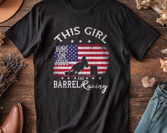 Barrel Racing Cowgirl T-Shirt: Jesus, Rodeo & US Flag