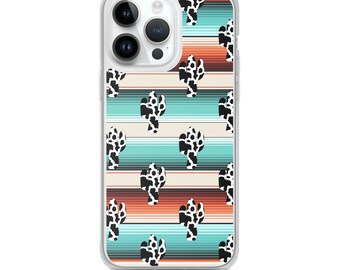 Pro Funny Serape cow Cactus pattern print Turquoise - iPhone Case