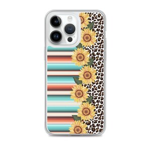 May include: A clear phone case with a design featuring a colourful striped pattern on the left side and a leopard print with sunflowers on the right side.