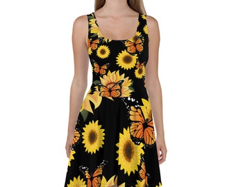Funny Monarch Butterfly designs Sunshine Vintage Sunflower and Monarch Butterfly Black - Skater Dress