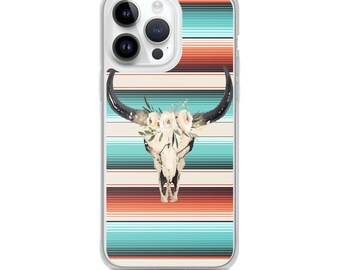 Funny Serape Cow Skull print Flower Rustic Turquoise - iPhone Case