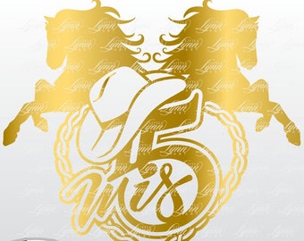 May include: Gold silhouette of two horses jumping over a heart-shaped rope with a cowboy hat and the number 15 inside. The text "Wis" is written in a decorative font below the heart. The image is a digital download file type.
